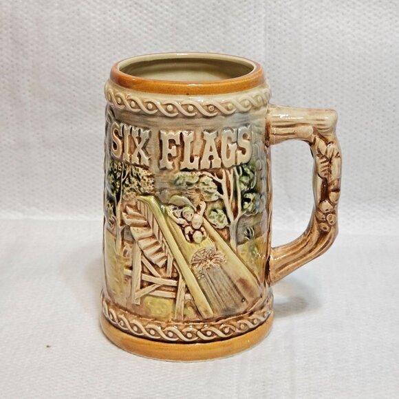 Vtg Six Flags Beer Stein Mug Log Flume Train & Car 3D Embossed Design Japan - Picture 1 of 12